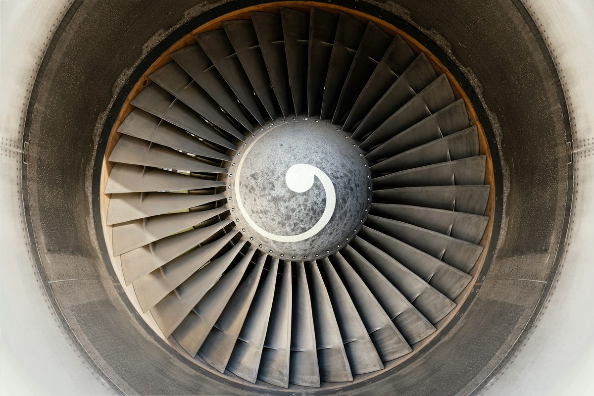Jet engine turbine close-up — aviation parts trading